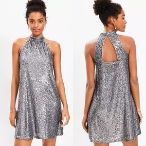 LOFT Silver Sequin Halter Dress Sleeveless Keyhole Back Size Small